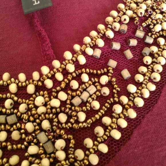 Oversize Burgundy Bead Embellished Scoop Crop Top Boat Neckline Batwing Pretty - Picture 4 of 5